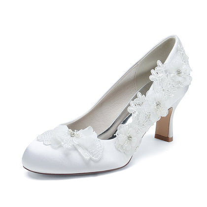 Damen Seidensatin Blume Mit Geschlossener Spitze Stiletto-Absatz Abendschuhe