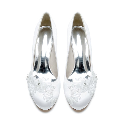 Damen Seidensatin mit Blume Geschlossene Zehenpartie Spool Heel Abendschuhe