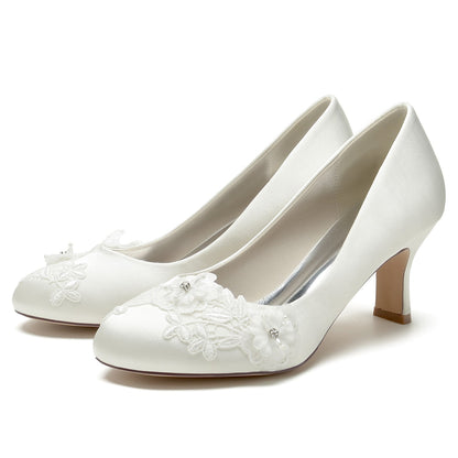 Damen Seidensatin mit Blume Geschlossene Zehenpartie Spool Heel Abendschuhe