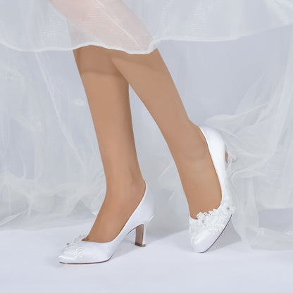 Damen Seidensatin mit Blume Geschlossene Zehenpartie Spool Heel Abendschuhe