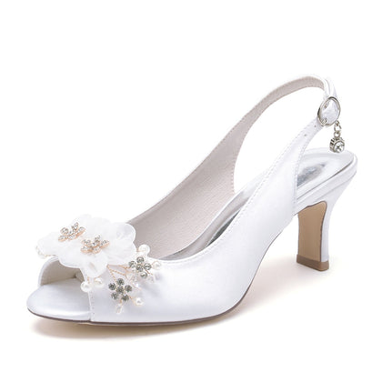 Damen Seidensatin mit Blume Peep Toe Spool Heel Party Schuhe