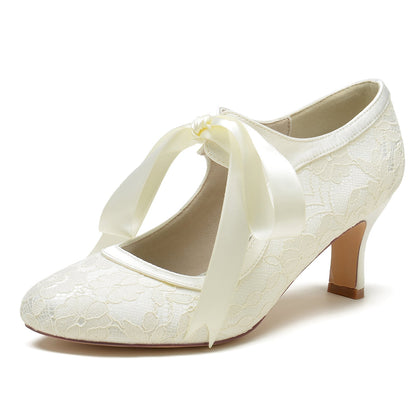 Damen Spitze Seidensatin Mit Spitze Schnürung Geschlossene Zehenpartie Spool Heel Party Schuhe