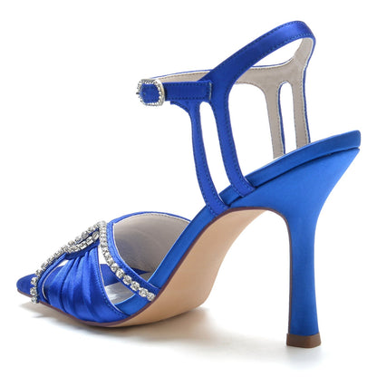 Damen Seidensatin mit Strass Knöchelriemen Peep Toe Stiletto Absatz Abendschuhe