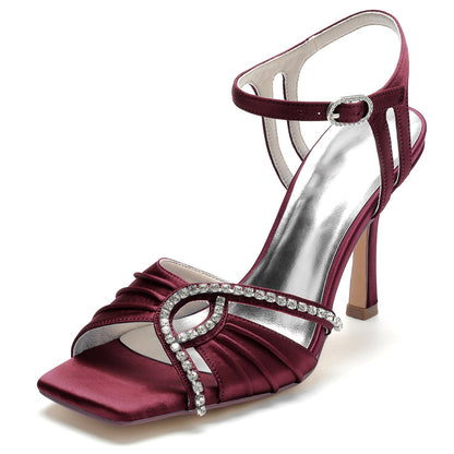 Damen Seidensatin mit Strass Knöchelriemen Peep Toe Stiletto Absatz Abendschuhe