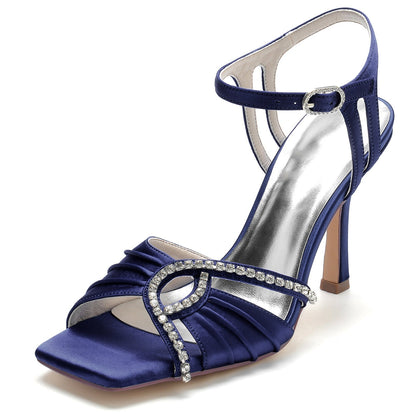 Damen Seidensatin mit Strass Knöchelriemen Peep Toe Stiletto Absatz Abendschuhe