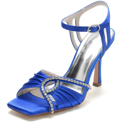 Damen Seidensatin mit Strass Knöchelriemen Peep Toe Stiletto Absatz Abendschuhe