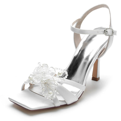 Damen Seidensatin Mit Knöchelriemen Peep Toe Stiletto Absatz Strass Abendschuhe
