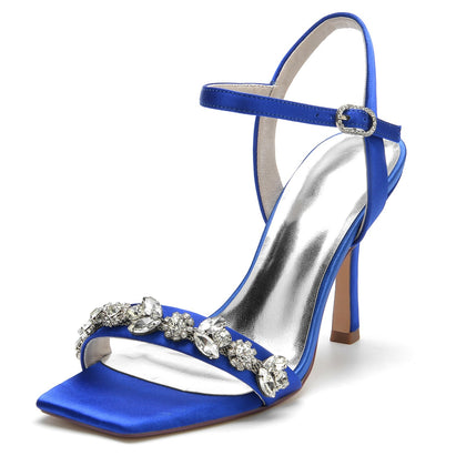 Damen Seidensatin mit Strass Peep Toe Knöchelriemen Stilettoabsatz Abendschuhe