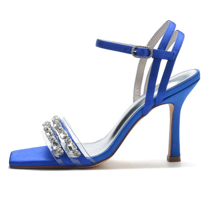 Damen Seidensatin Knöchelriemen mit Strass Peep Toe Stiletto Absatz Party Schuhe