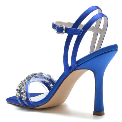 Damen Seidensatin Knöchelriemen mit Strass Peep Toe Stiletto Absatz Party Schuhe