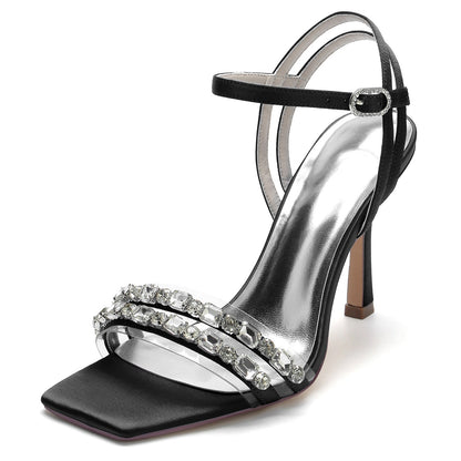 Damen Seidensatin Knöchelriemen mit Strass Peep Toe Stiletto Absatz Party Schuhe