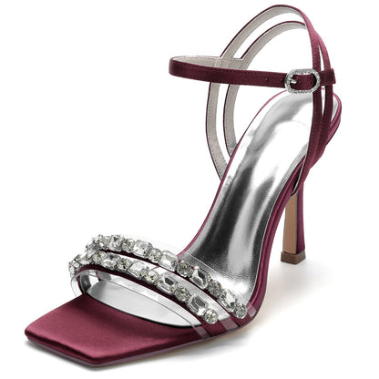 Damen Seidensatin Knöchelriemen mit Strass Peep Toe Stiletto Absatz Party Schuhe