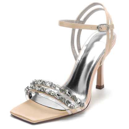 Damen Seidensatin Knöchelriemen mit Strass Peep Toe Stiletto Absatz Party Schuhe