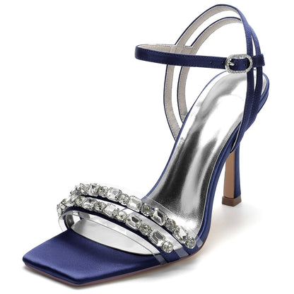 Damen Seidensatin Knöchelriemen mit Strass Peep Toe Stiletto Absatz Party Schuhe