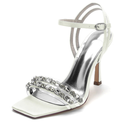 Damen Seidensatin Knöchelriemen mit Strass Peep Toe Stiletto Absatz Party Schuhe