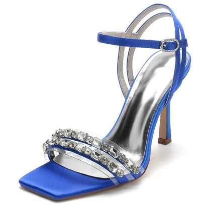 Damen Seidensatin Knöchelriemen mit Strass Peep Toe Stiletto Absatz Party Schuhe