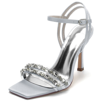 Damen Seidensatin Knöchelriemen mit Strass Peep Toe Stiletto Absatz Party Schuhe