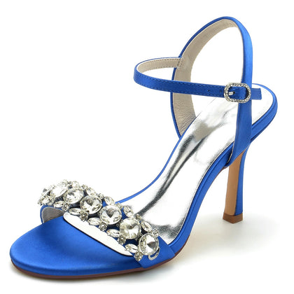 Damen Seidensatin Mit Knöchelriemen Peep Toe Strass Stiletto Absatz Abendschuhe
