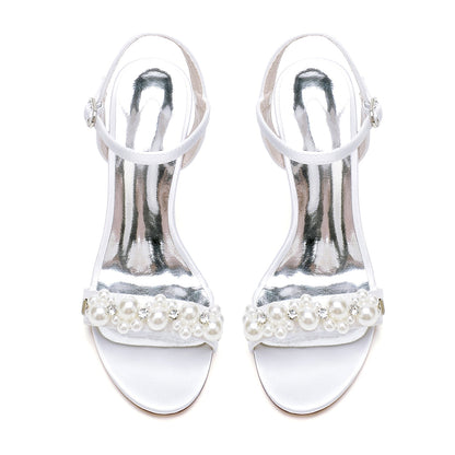 Damen Seidensatin Mit Knöchelriemen Perle Peep Toe Stiletto Heel Brautschuhe