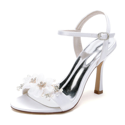 Damen Seidensatin Mit Knöchelriemen Blume Peep Toe Stiletto Absatz Party Schuhe