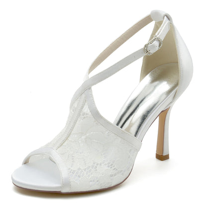 Damen Abendschuhe mit Spitze und Knöchelriemen, Peep-Toe, Stiletto-Absatz