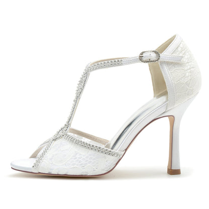 Damen Seidensatin Mit Peep Toe Knöchelriemen Strass Stiletto Absatz Party Schuhe