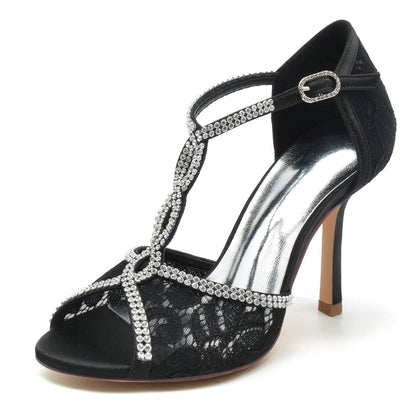 Damen Seidensatin Mit Peep Toe Knöchelriemen Strass Stiletto Absatz Party Schuhe