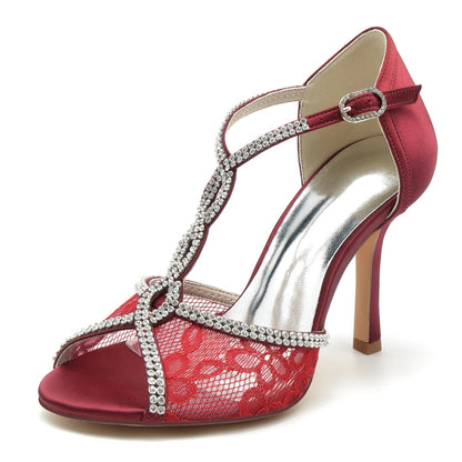 Damen Seidensatin Mit Peep Toe Knöchelriemen Strass Stiletto Absatz Party Schuhe
