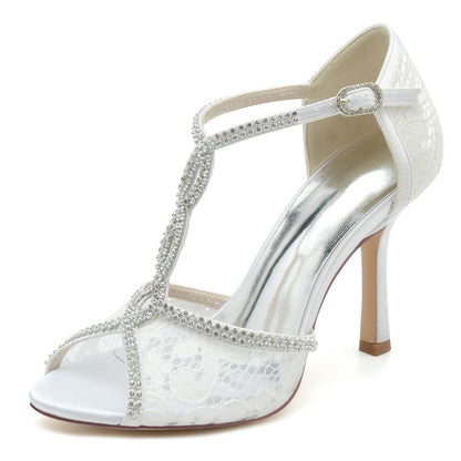 Damen Seidensatin Mit Peep Toe Knöchelriemen Strass Stiletto Absatz Party Schuhe