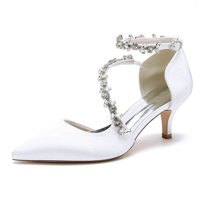 Damen Seidensatin mit Knöchelriemen Strass Geschlossene Zehen Stiletto Absatz Brautschuhe