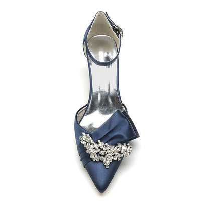 Damen Abendschuhe aus Seidensatin mit Knöchelriemen und Strasssteinen, geschlossene Zehenpartie, Stilettoabsatz