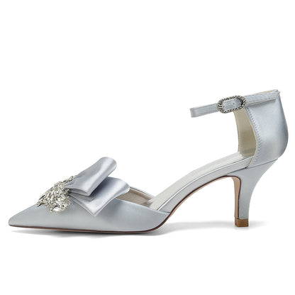 Damen Abendschuhe aus Seidensatin mit Knöchelriemen und Strasssteinen, geschlossene Zehenpartie, Stilettoabsatz