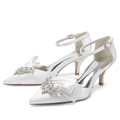 Damen Abendschuhe aus Seidensatin mit Knöchelriemen und Strasssteinen, geschlossene Zehenpartie, Stilettoabsatz