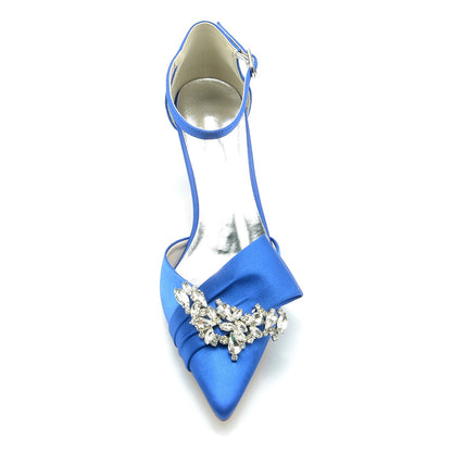 Damen Abendschuhe aus Seidensatin mit Knöchelriemen und Strasssteinen, geschlossene Zehenpartie, Stilettoabsatz