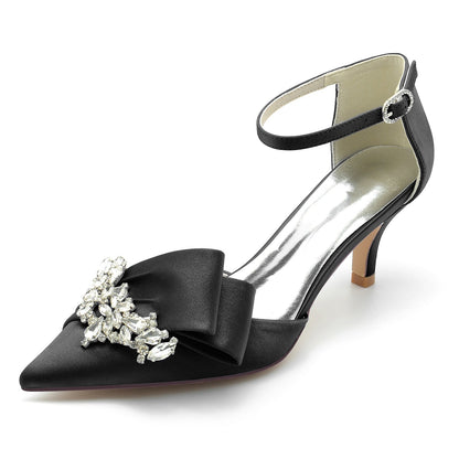 Damen Abendschuhe aus Seidensatin mit Knöchelriemen und Strasssteinen, geschlossene Zehenpartie, Stilettoabsatz