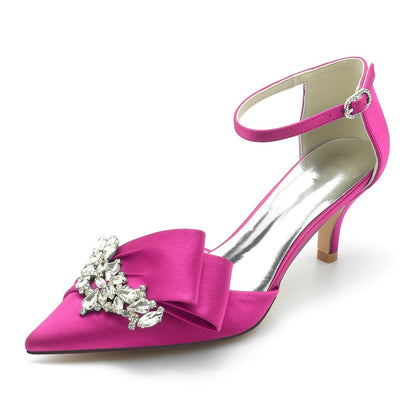 Damen Abendschuhe aus Seidensatin mit Knöchelriemen und Strasssteinen, geschlossene Zehenpartie, Stilettoabsatz
