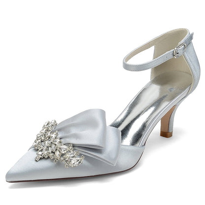 Damen Abendschuhe aus Seidensatin mit Knöchelriemen und Strasssteinen, geschlossene Zehenpartie, Stilettoabsatz