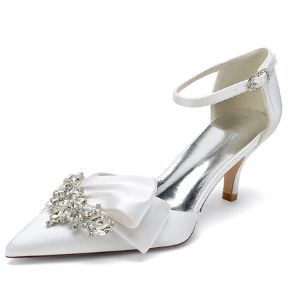 Damen Abendschuhe aus Seidensatin mit Knöchelriemen und Strasssteinen, geschlossene Zehenpartie, Stilettoabsatz
