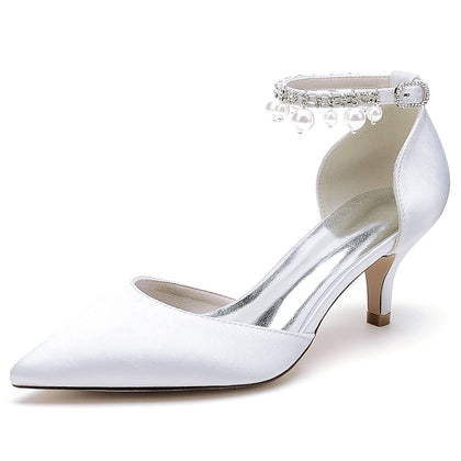 Damen Seidensatin Mit Knöchelriemen Perlenquaste Geschlossene Zehen Stilettoabsatz Partyschuhe