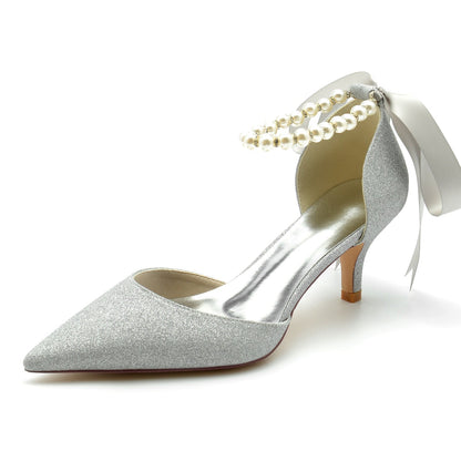 Damen Glitzer Mit Knöchelriemen Schnürung Perle Geschlossene Zehen Stiletto Absatz Abendschuhe