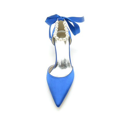 Damen Seidensatin mit Schnürung Perlen Knöchelriemen Geschlossene Zehen Stiletto Absatz Party Schuhe