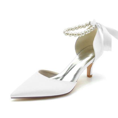 Damen Seidensatin mit Schnürung Perlen Knöchelriemen Geschlossene Zehen Stiletto Absatz Party Schuhe