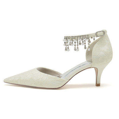 Damen Spitze Mit Knöchelriemen Perle Strass Spitze Quaste Geschlossene Zehen Stiletto Absatz Brautschuhe