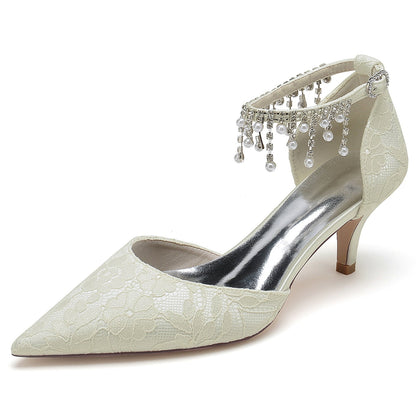Damen Spitze Mit Knöchelriemen Perle Strass Spitze Quaste Geschlossene Zehen Stiletto Absatz Brautschuhe