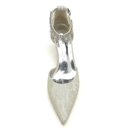 Damen Spitze Mit Knöchelriemen Perle Strass Spitze Quaste Geschlossene Zehen Stiletto Absatz Brautschuhe