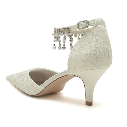 Damen Spitze Mit Knöchelriemen Perle Strass Spitze Quaste Geschlossene Zehen Stiletto Absatz Brautschuhe