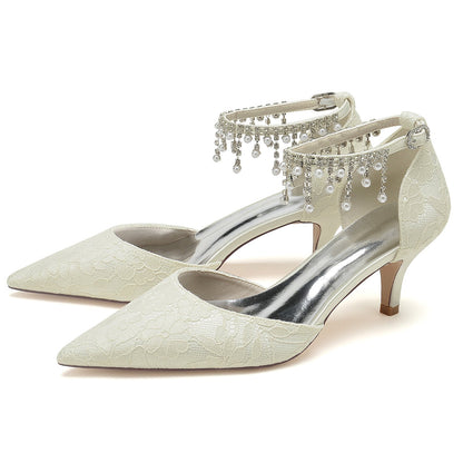 Damen Spitze Mit Knöchelriemen Perle Strass Spitze Quaste Geschlossene Zehen Stiletto Absatz Brautschuhe
