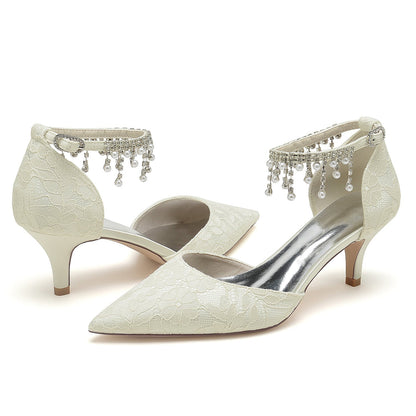 Damen Spitze Mit Knöchelriemen Perle Strass Spitze Quaste Geschlossene Zehen Stiletto Absatz Brautschuhe