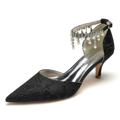 Damen Spitze Mit Knöchelriemen Perle Strass Spitze Quaste Geschlossene Zehen Stiletto Absatz Brautschuhe