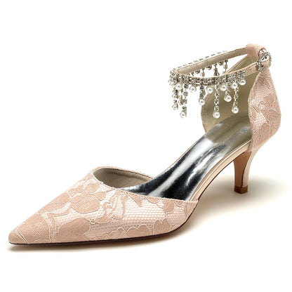 Damen Spitze Mit Knöchelriemen Perle Strass Spitze Quaste Geschlossene Zehen Stiletto Absatz Brautschuhe